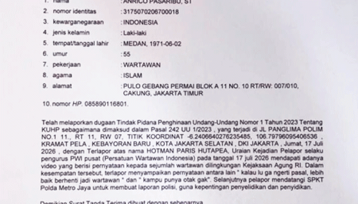 Polda Metro Jaya Benarkan Terima Laporan PWI terhadap Hatman Paris Hutapea, Penyidik Lakukan Pendalaman Materi Aduan